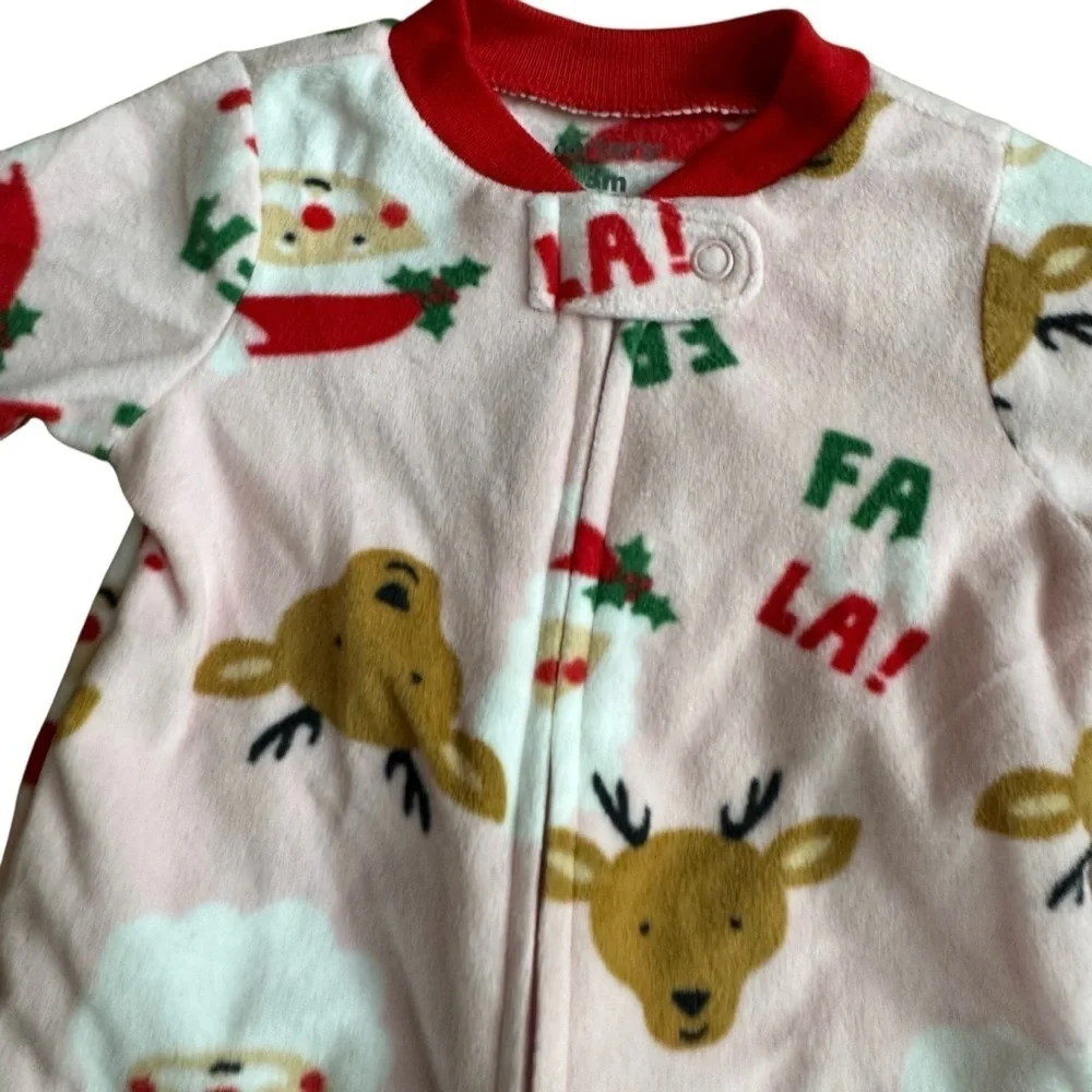 Carter’s Pink Fleece Christmas Pajama 2-way zip Fa la la Deer Baby Girl 3M